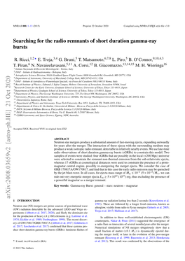 Arxiv:2008.03659V2 [Astro-Ph.HE] 21 Oct 2020 1 INTRODUCTION Gamma-Ray Radiation Lasting Less Than 2 Seconds (Kouveliotou Et Al