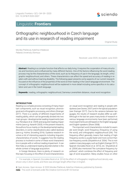 Orthographic Neighbourhood in Czech Language and Its Use in Research of Reading Impairment Original Study