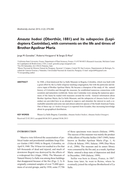 Amauta Hodeei (Oberthür, 1881) and Its Subspecies (Lepi- Doptera Castniidae), with Comments on the Life and Times of Brother Apolinar María