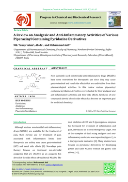 A Review on Analgesic and Anti-Inflammatory Activities of Various Piperazinyl Containing Pyridazine Derivatives