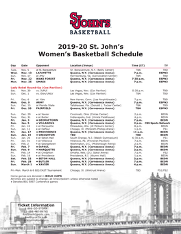 2019-20 St. John's Women's Basketball Schedule