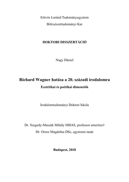 Richard Wagner Hatása a 20. Századi Irodalomra Esztétikai És Poétikai Dimenziók