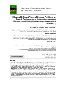 Effects of Different Types of Organic Fertilizers on Growth Performance of Amaranthus Caudatus (Samaru Local Variety) and Amaranthus Cruentus (NH84/452)