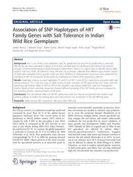 Association of SNP Haplotypes of HKT Family Genes with Salt Tolerance in Indian Wild Rice Germplasm