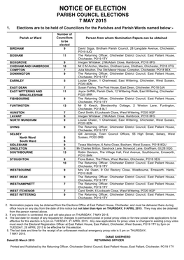 Notice of Election Parish Council Elections 7 May 2015