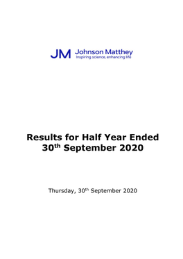 Results for Half Year Ended 30Th September 2020