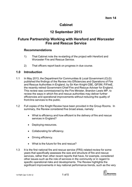 Cabinet 12 September 2013 Future Partnership Working with Hereford and Worcester Fire and Rescue Service