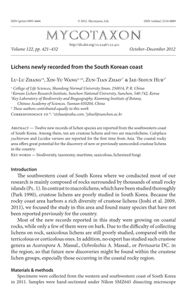 Lichens Newly Recorded from the South Korean Coast