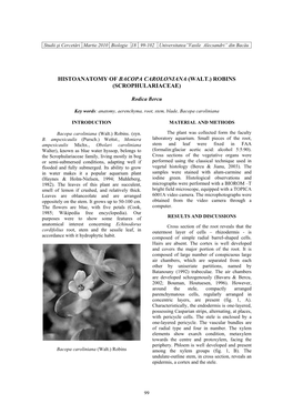 Histoanatomy of Bacopa Caroloniana (Walt.) Robins (Scrophulariaceae)