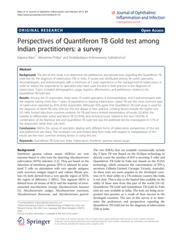 Perspectives of Quantiferon TB Gold Test Among Indian Practitioners: a Survey Kalpana Babu1*, Mariamma Philips2 and Doddaballapur Krishnaswamy Subbakrishna2