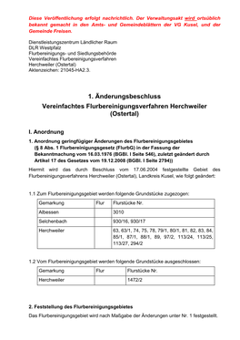 1. Änderungsbeschluss Vereinfachtes Flurbereinigungsverfahren Herchweiler (Ostertal)