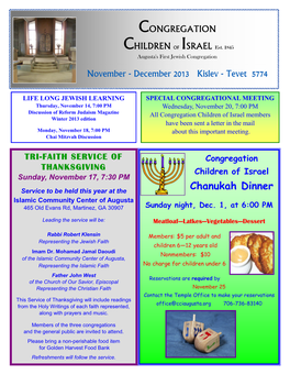 November - December 2013 Kislev - Tevet 5774