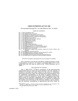 CHILD NUTRITION ACT of 1966 [As Amended Through P.L. 111–296, Effective Dec