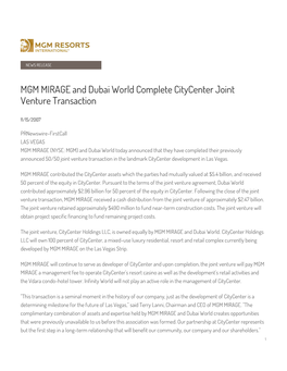 MGM MIRAGE and Dubai World Complete Citycenter Joint Venture Transaction