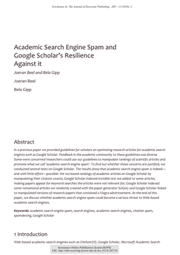 Academic Search Engine Spam and Google Scholar's Resilience Against It