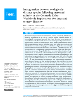 Introgression Between Ecologically Distinct Species Following Increased Salinity in the Colorado Delta- Worldwide Implications for Impacted Estuary Diversity