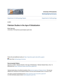 Pakistan Studies in the Age of Globalization