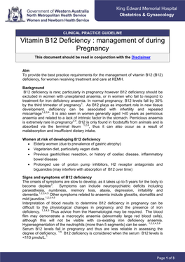 Vitamin B12 Deficiency : Management of During Pregnancy This Document Should Be Read in Conjunction with the Disclaimer