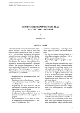 Geophysical Signatures of Mineral Deposit Types in Finland Edited by Meri-Liisa Airo Geological Survey of Finland, Special Paper 58, 9–70, 2015