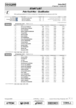 START LIST Pole Vault Men - Qualification with Qualifying Standard of 5.75 (Q) Or at Least the 12 Best Performers (Q) Advance to the Final