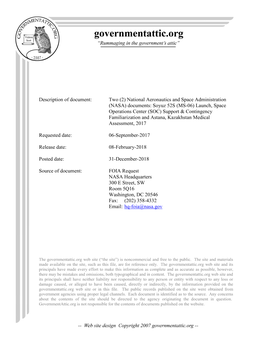 NASA) Documents: Soyuz 52S (MS-06) Launch, Space Operations Center (SOC) Support & Contingency Familiarization and Astana, Kazakhstan Medical Assessment, 2017