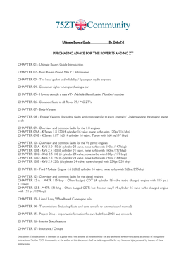 Ultimate Buyers Guide by Colin NI PURCHASING ADVICE for the ROVER 75 and MG ZT CHAPTER 01