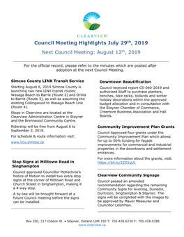 Council Meeting Highlights July 29Th, 2019 Next Council Meeting: August 12Th, 2019
