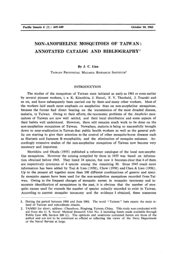 Non-Anopheline Mosquitoes of Taiwan: Annotated Catalog and Bibliography1
