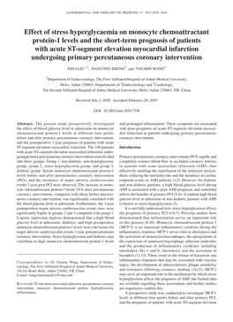 Effect of Stress Hyperglycaemia on Monocyte Chemoattractant Protein‑1 Levels and the Short‑Term Prognosis of Patients with A