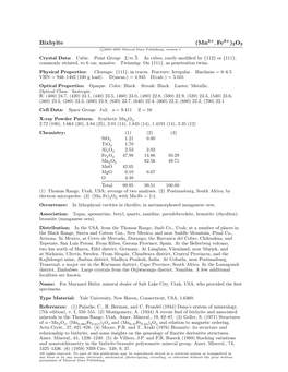 Bixbyite (Mn , Fe )2O3 C 2001-2005 Mineral Data Publishing, Version 1 Crystal Data: Cubic