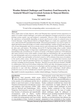 Weather Related Challenges and Transitory Food Insecurity in Semiarid Mixed Crop-Livestock Systems in Manyoni District, Tanzania