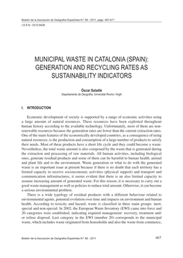 Municipal Waste in Catalonia (Spain): Generation and Recycling Rates As Sustainability Indicators