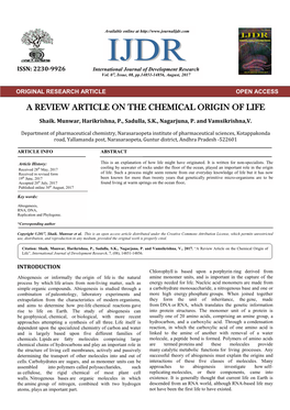 A Review Article on the Chemical Origin of Life