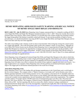 Henry Repeating Arms Issues Safety Warning and Recall Notice of Henry Single Shot Rifles and Shotguns