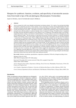 Function, Evolution, and Specificity of Ant-Microbe Associa- Tions from Trunk to Tips of the Ant Phylogeny (Hymenoptera: Formicidae)