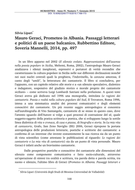 Mauro Geraci, Prometeo in Albania. Passaggi Letterari E Politici Di Un Paese Balcanico, Rubbettino Editore, Soveria Mannelli, 2014, Pp