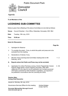 (Public Pack)Agenda Document for Licensing Sub-Committee, 16/07/2019 10:00