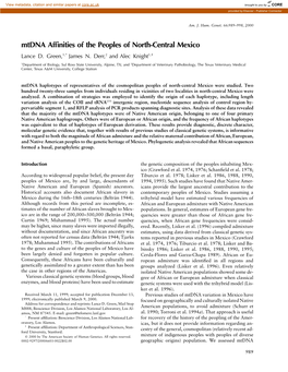 Mtdna Affinities of the Peoples of North-Central Mexico