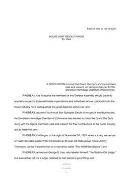 A RESOLUTION to Honor the Grand Ole Opry and Its Members, Past and Present, on Being Recognized by the Donelson-Hermitage Chamber of Commerce