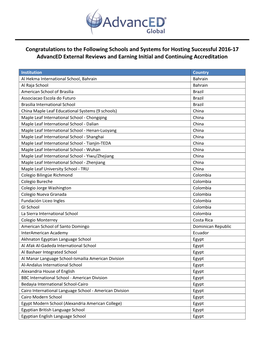 Congratulations to the Following Schools and Systems for Hosting Successful 2016-17 Advanced External Reviews and Earning Initial and Continuing Accreditation