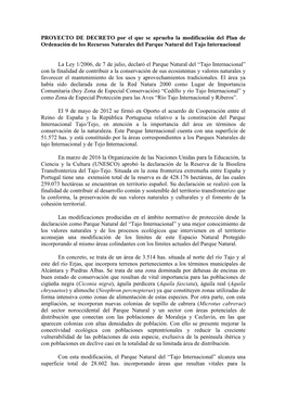 PROYECTO DE DECRETO Por El Que Se Aprueba La Modificación Del Plan De Ordenación De Los Recursos Naturales Del Parque Natural Del Tajo Internacional