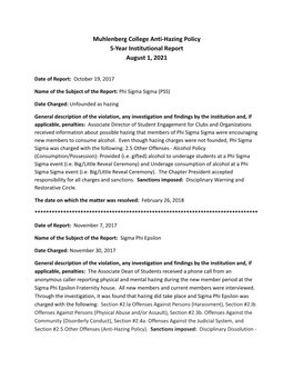 Muhlenberg College Anti-Hazing Policy 5 Year Institutional Report