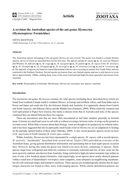 Zootaxa, a Revision the Australian Species of the Ant Genus Myrmecina