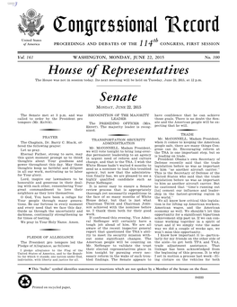 Congressional Record United States Th of America PROCEEDINGS and DEBATES of the 114 CONGRESS, FIRST SESSION