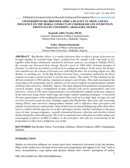 Viewership of Big Brother Africa Reality Tv Show and Its Influence on the Moral Conduct of Undergraduate Students in Ebonyi State University, Abakaliki, Nigeria