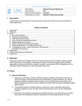 I. Description Table of Contents II. Rationale III. Policy Radiation