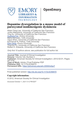 Dopamine Dysregulation in a Mouse Model Of