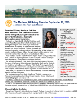 The Madison, WI Rotary News for September 20, 2019 a Publication of the Rotary Club of Madison