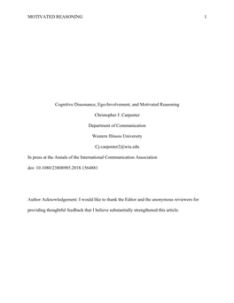 MOTIVATED REASONING 1 Cognitive Dissonance, Ego-Involvement, And