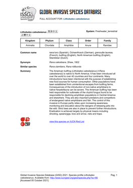 FULL ACCOUNT FOR: Lithobates Catesbeianus Global Invasive Species Database (GISD) 2021. Species Profile Lithobates Catesbeianus